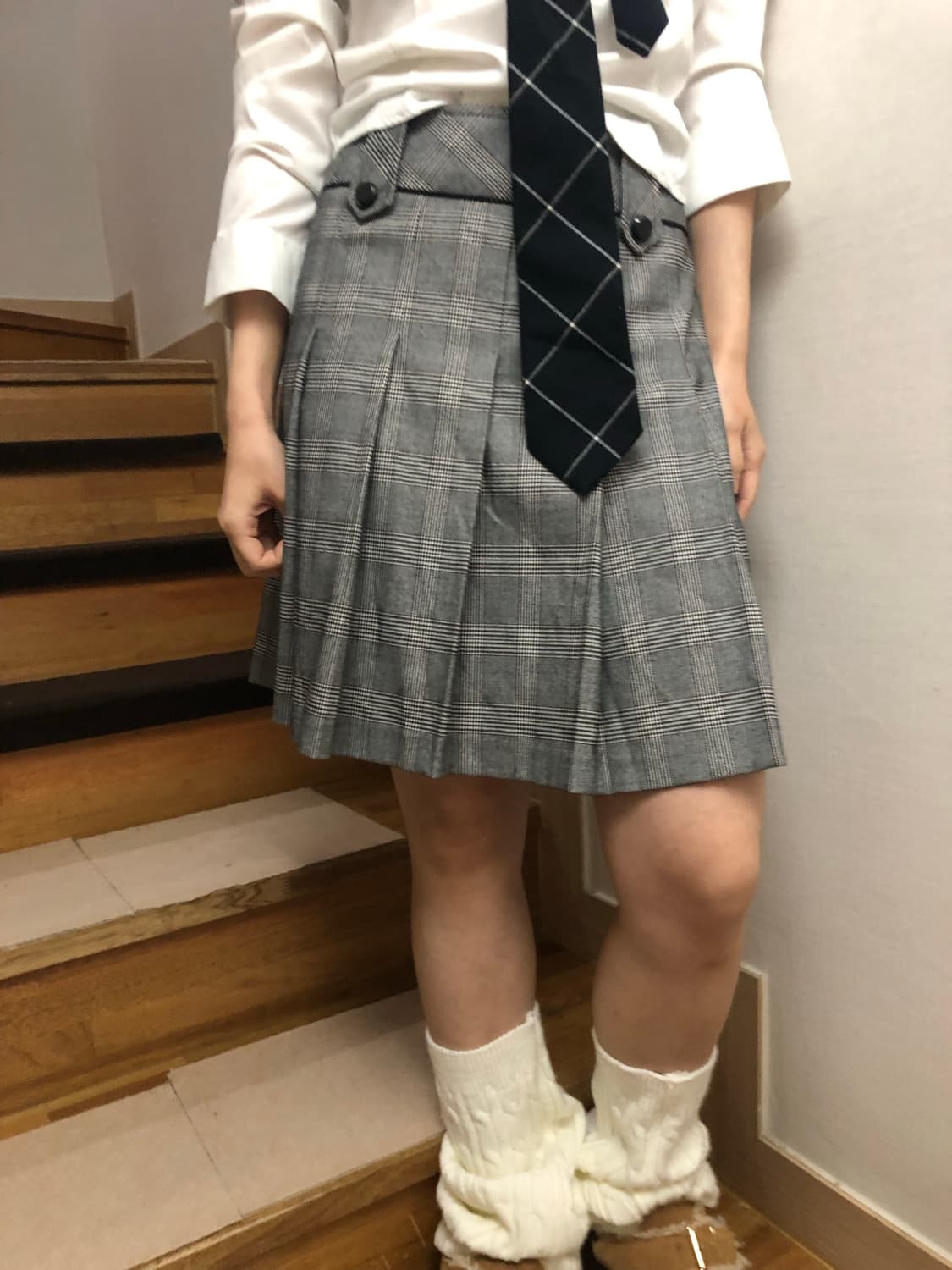 빈티지 그레이 체크 플리츠 미디 스커트 상품이미지1