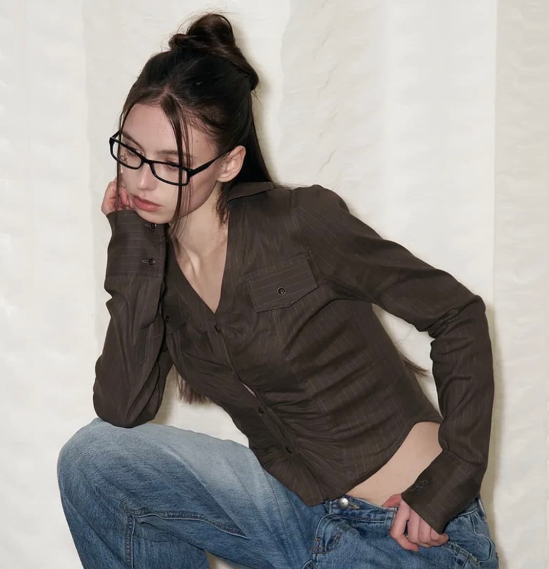 Kayla Shirring Shirt Top (Khaki) 상품이미지1