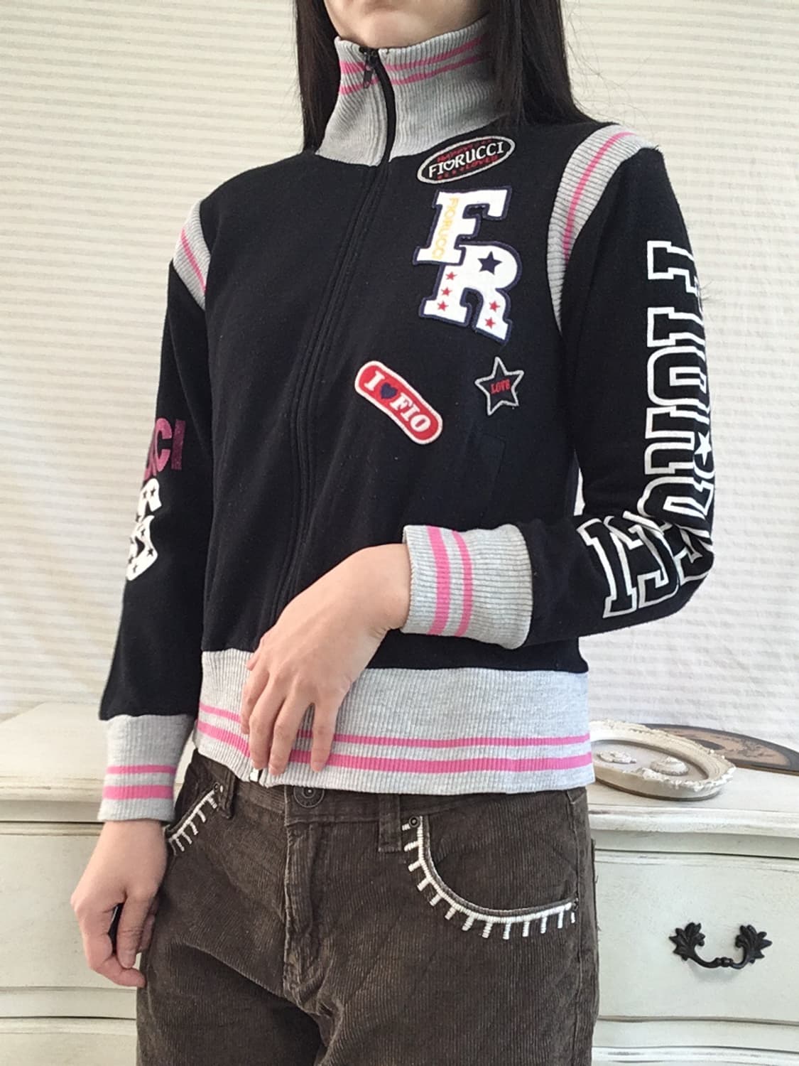 jpn vintage 블랙 와펜 핑크 스트라이프 디테일 집업 y2k 스트 상품이미지4