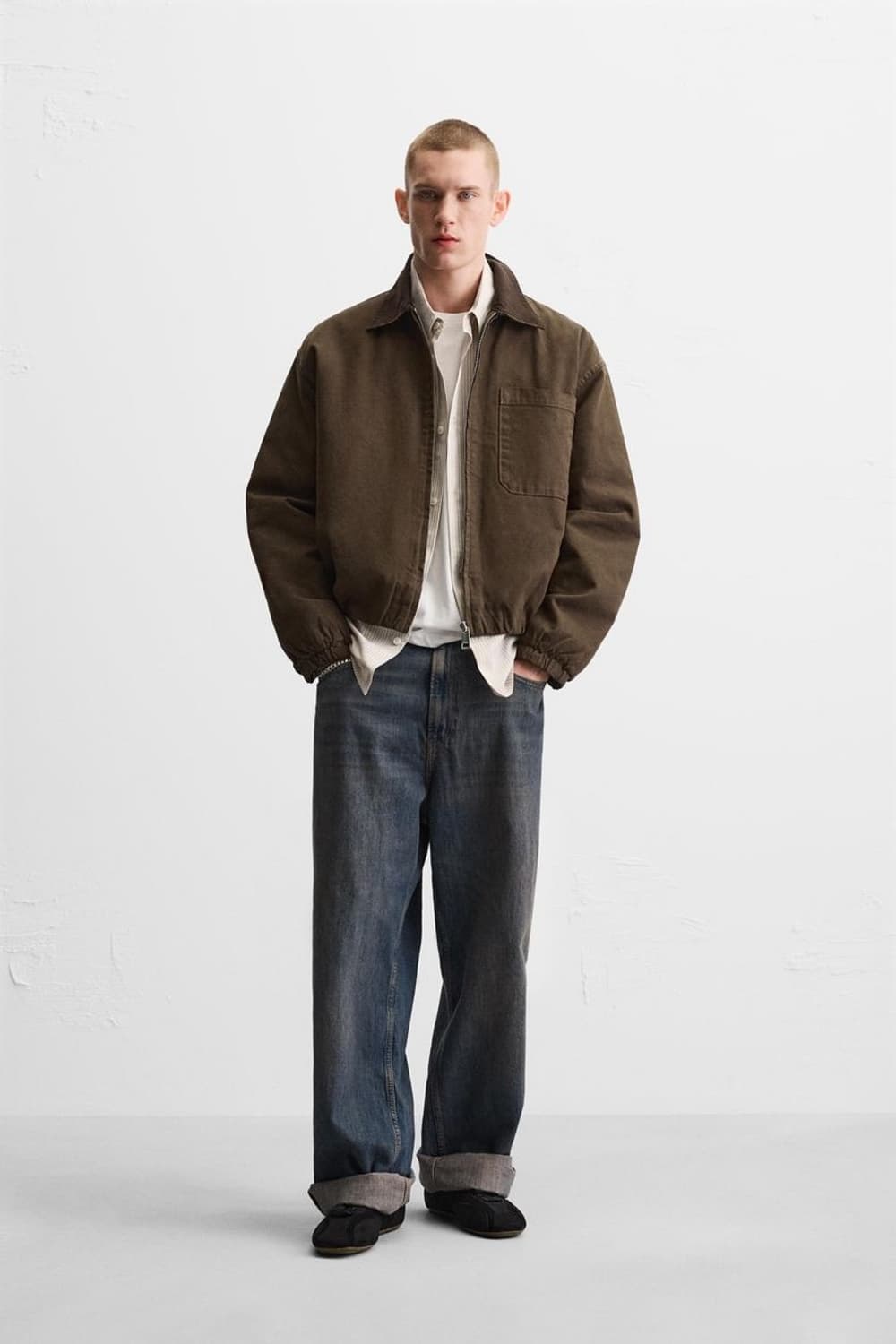 ZARA 콤비 칼라 점퍼 브라운 상품이미지4