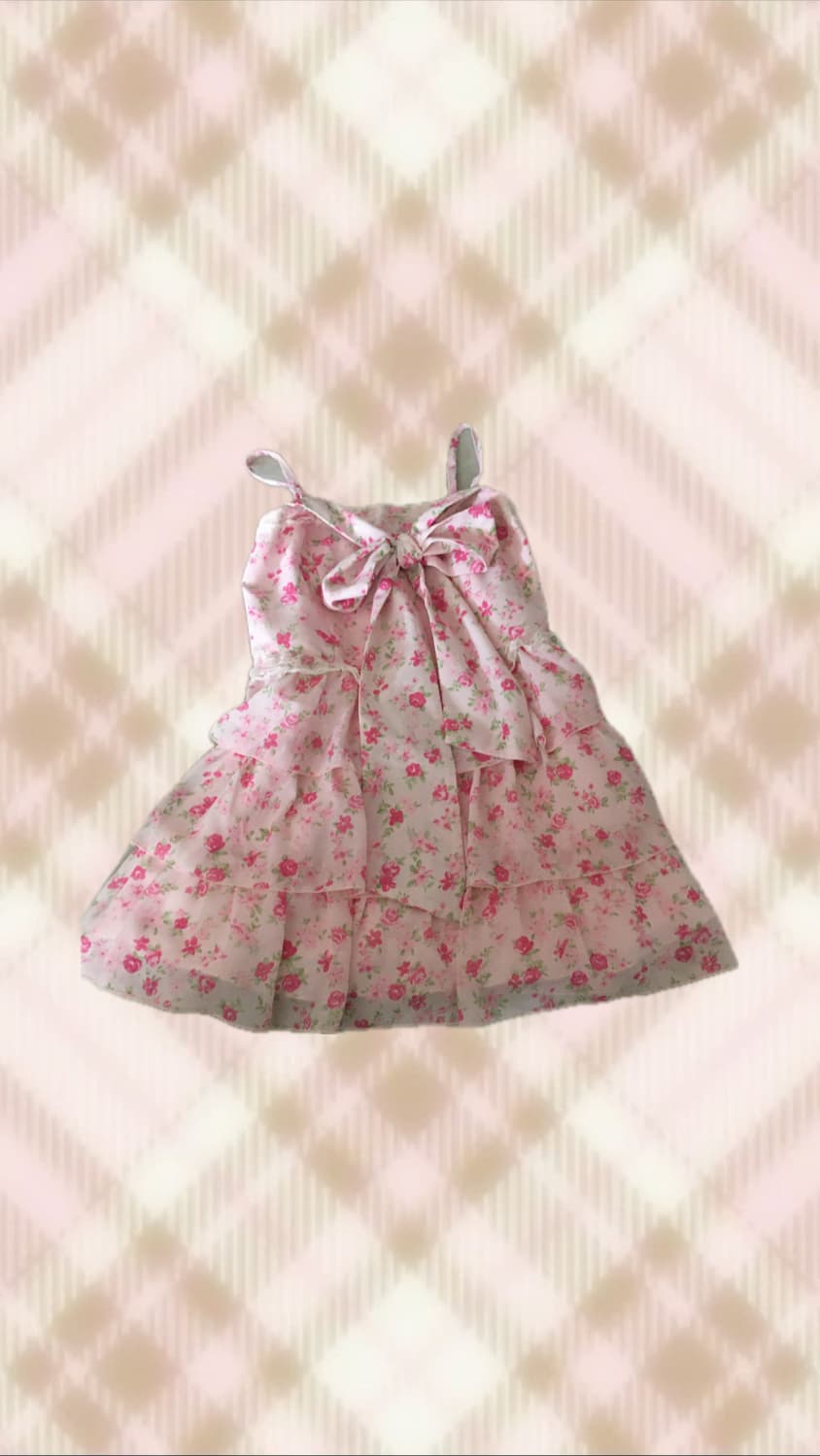핑크 플로럴 리본 프릴 캉캉 원피스 라떼 히메 갸루 러블리 로걀 빈티지 상품이미지1