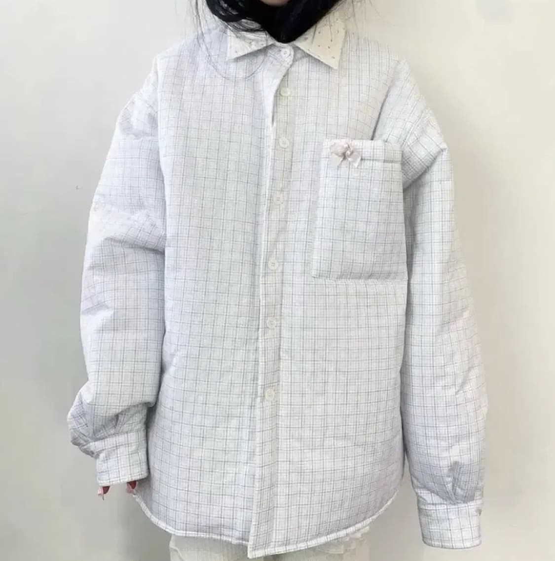 구해요)샵페어리 패디드 체크 자켓 셔츠 크림  상품이미지1