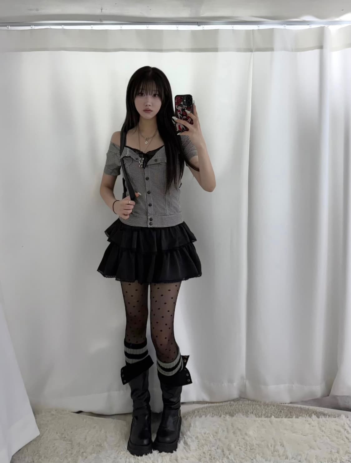 무채색 체크 프릴 니혼진 도쿄걸 오픈숄더 코디세트  상품이미지3