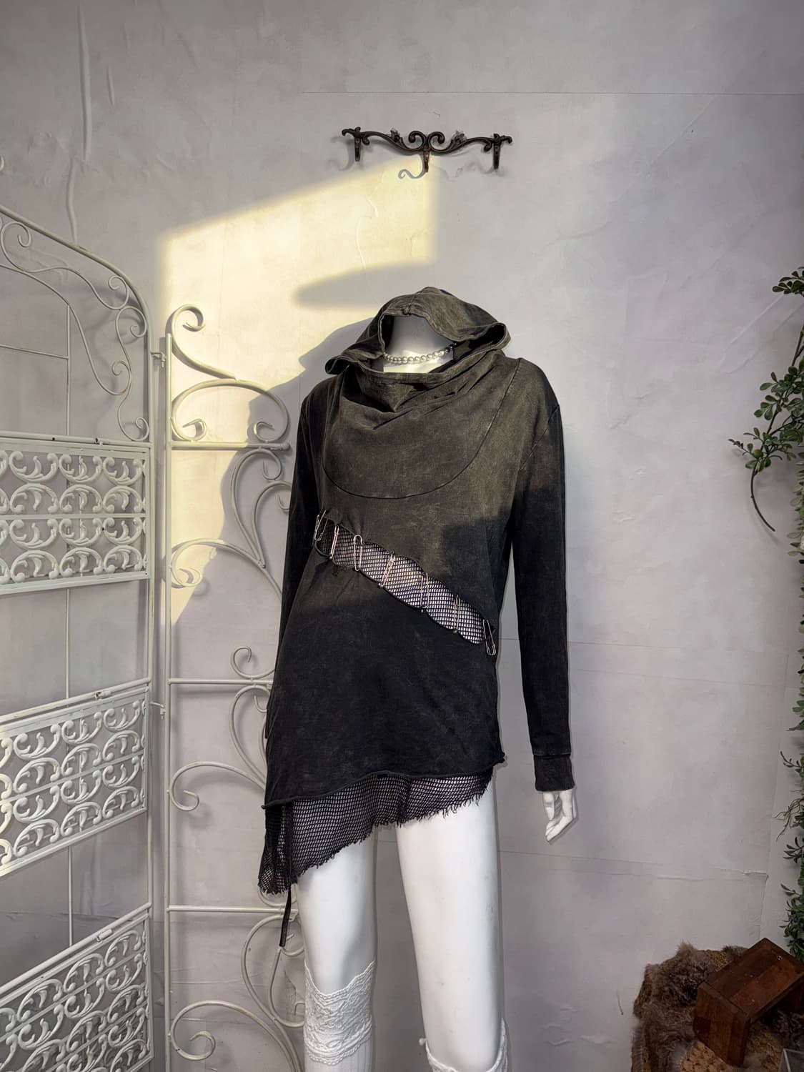 Washing black grunge net high neck hood 상품이미지3
