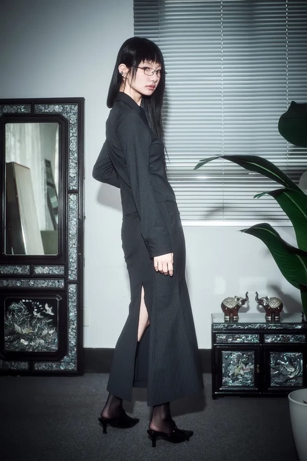 디어미 오피스 롱스커트 스트라이프 스커트 오도어 상품이미지6