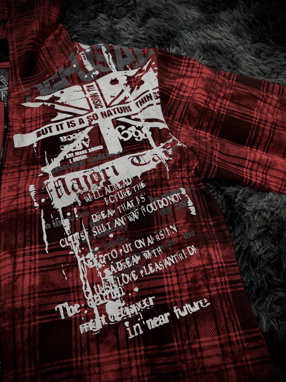 고딕 펑크 레터링 레드 체크 후드집업 상품이미지3