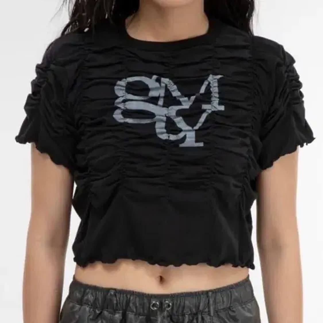 김미더영 셔링 반팔 블랙 상품이미지1