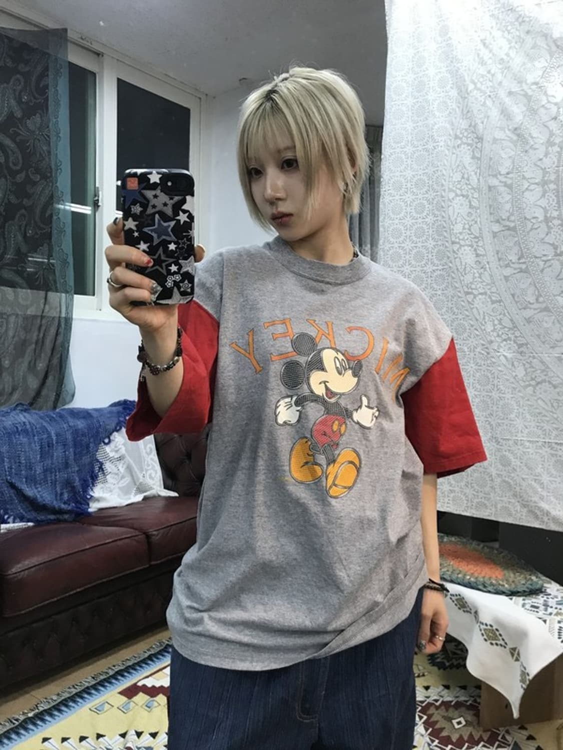 디즈니 미키마우스 USA 프린팅 배색 반팔 티 상품이미지1