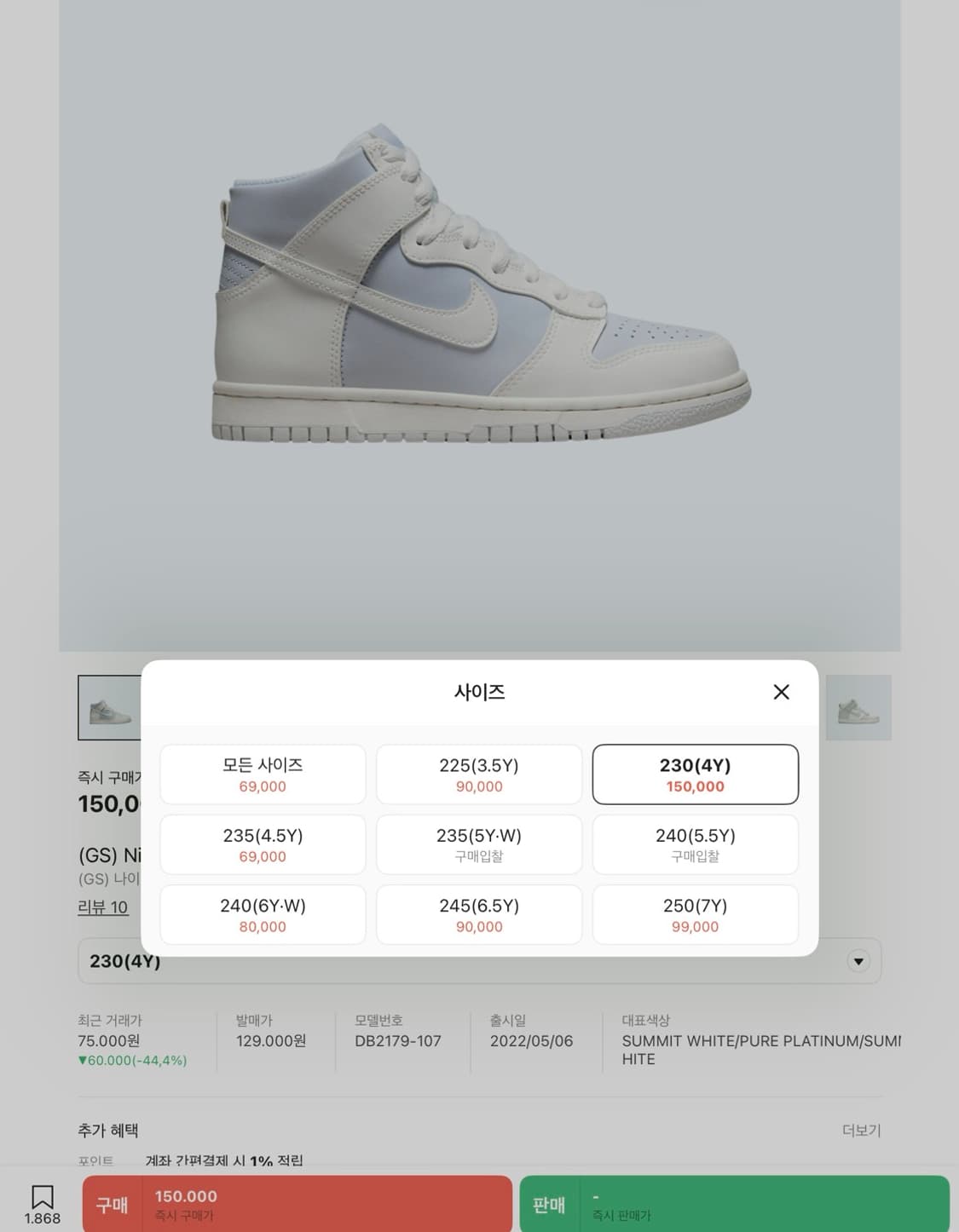 빈티지나이키 흰하 덩크하이 퓨어 플래티넘 gs 230(4Y) 시나모롤깔 상품이미지5