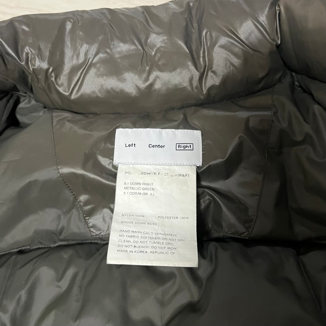 포스트아카이브팩션 (PAF) 5.1 다운 패딩 메탈릭 그린 M 사이즈 상품이미지3
