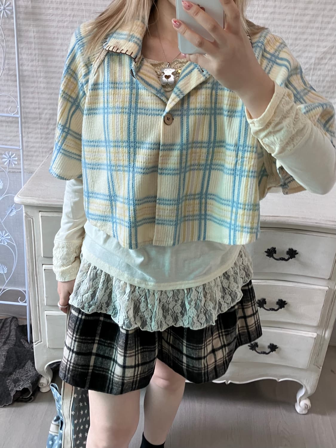 jpn vintage 아이보리 블루 체크 코듀로이 케이프 상품이미지3