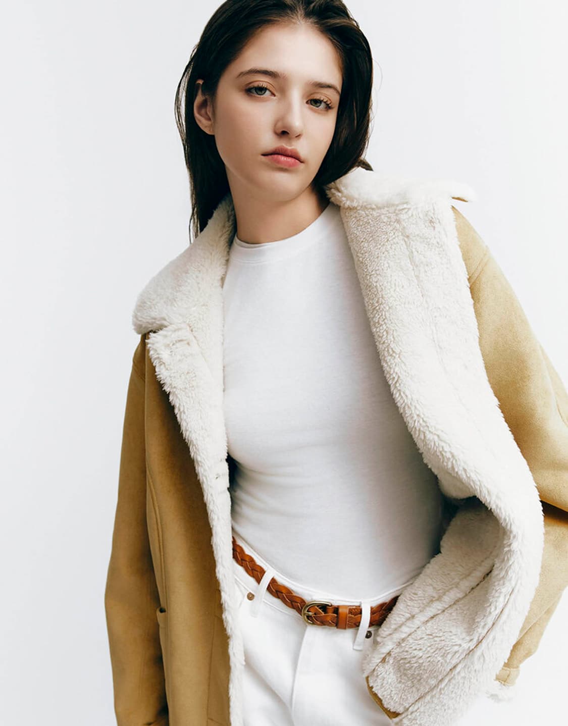 지오다노 스웨이드 라이크 퍼 카멜 무스탕 자켓 S 상품이미지4