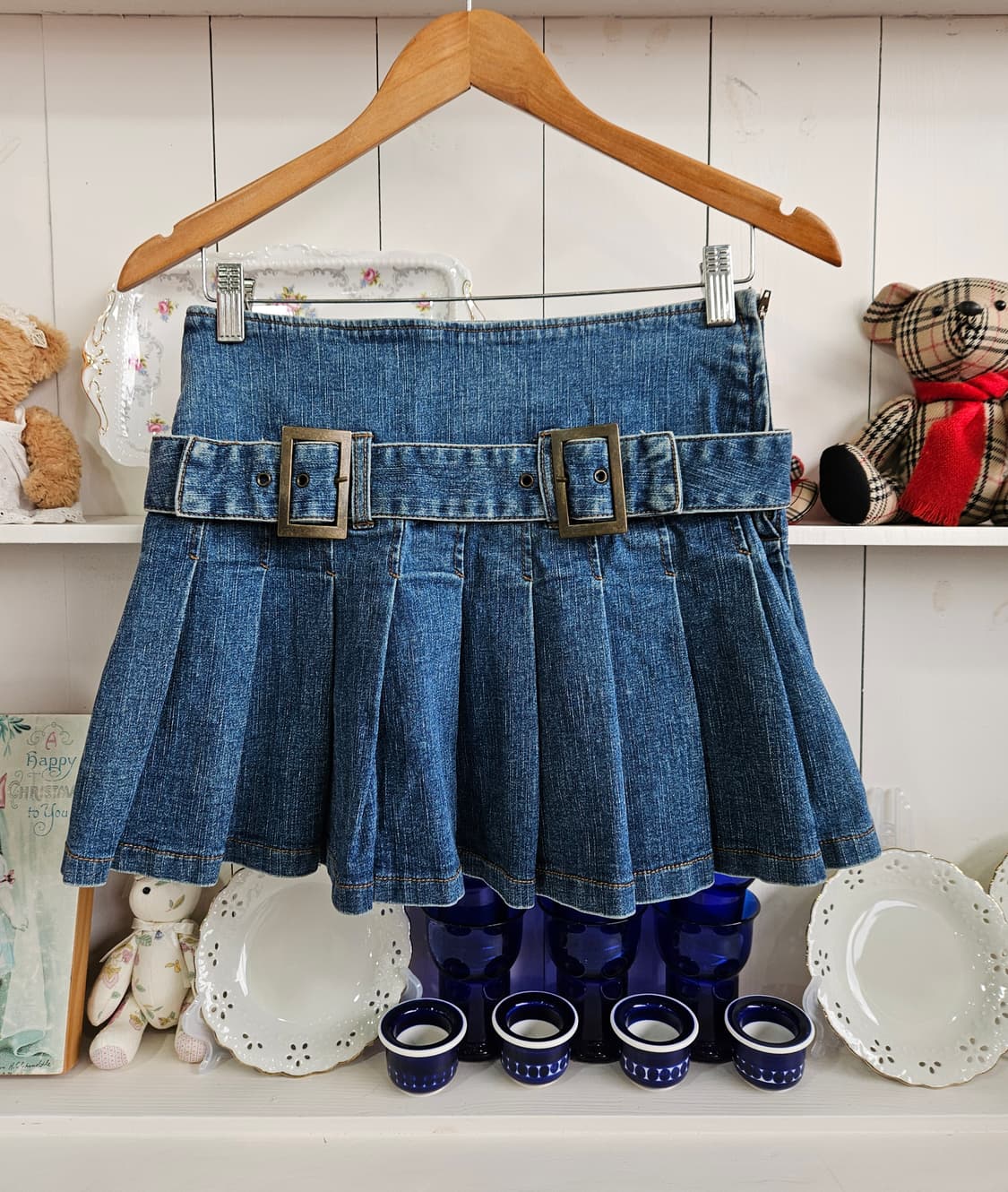 데님 벨트 플리츠 미니스커트 상품이미지1