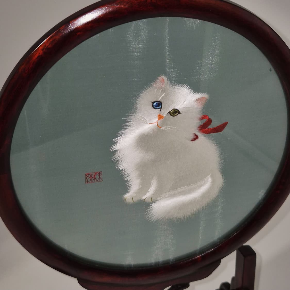 70s 쑤저우 전통 자수 옻칠 나무 고양이 돔 장식 상품이미지6