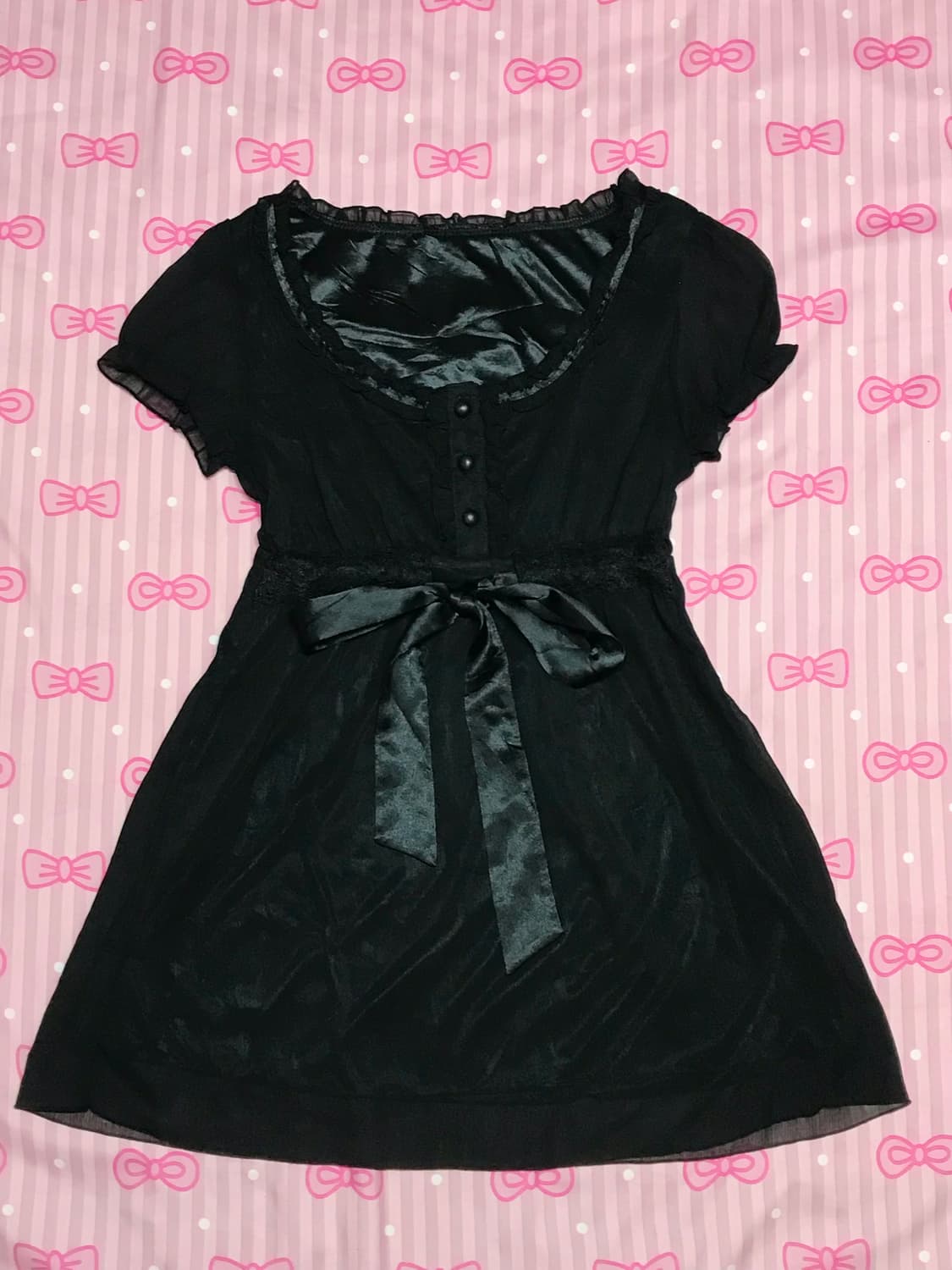 블랙 레이스 리본 블라우스 상품이미지1