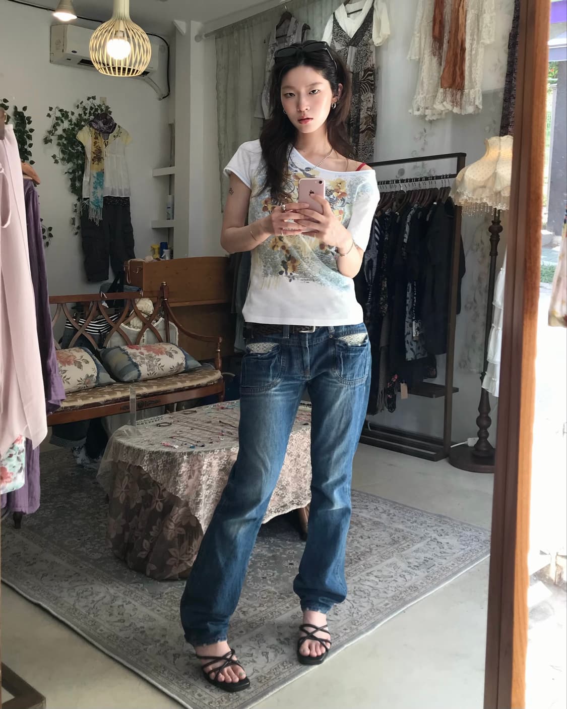 빈티지 그런지 라네즈걸 레이스 데님 팬츠 코디 세트 상품이미지3