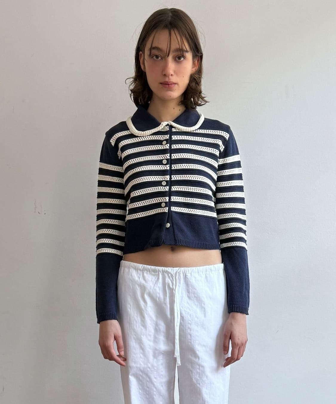 시눈 스트라이프 카라 가디건 네이비 상품이미지1