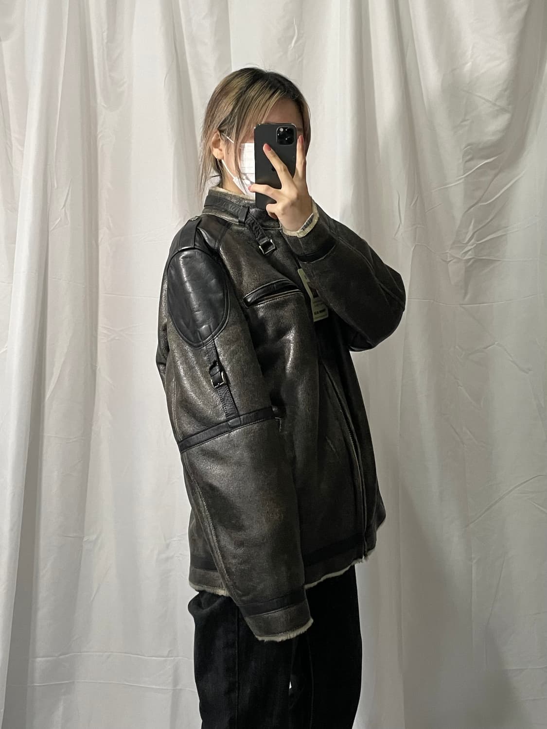 ALESES 챠콜 국산 기모 레더 자켓 새상품 L 상품이미지2