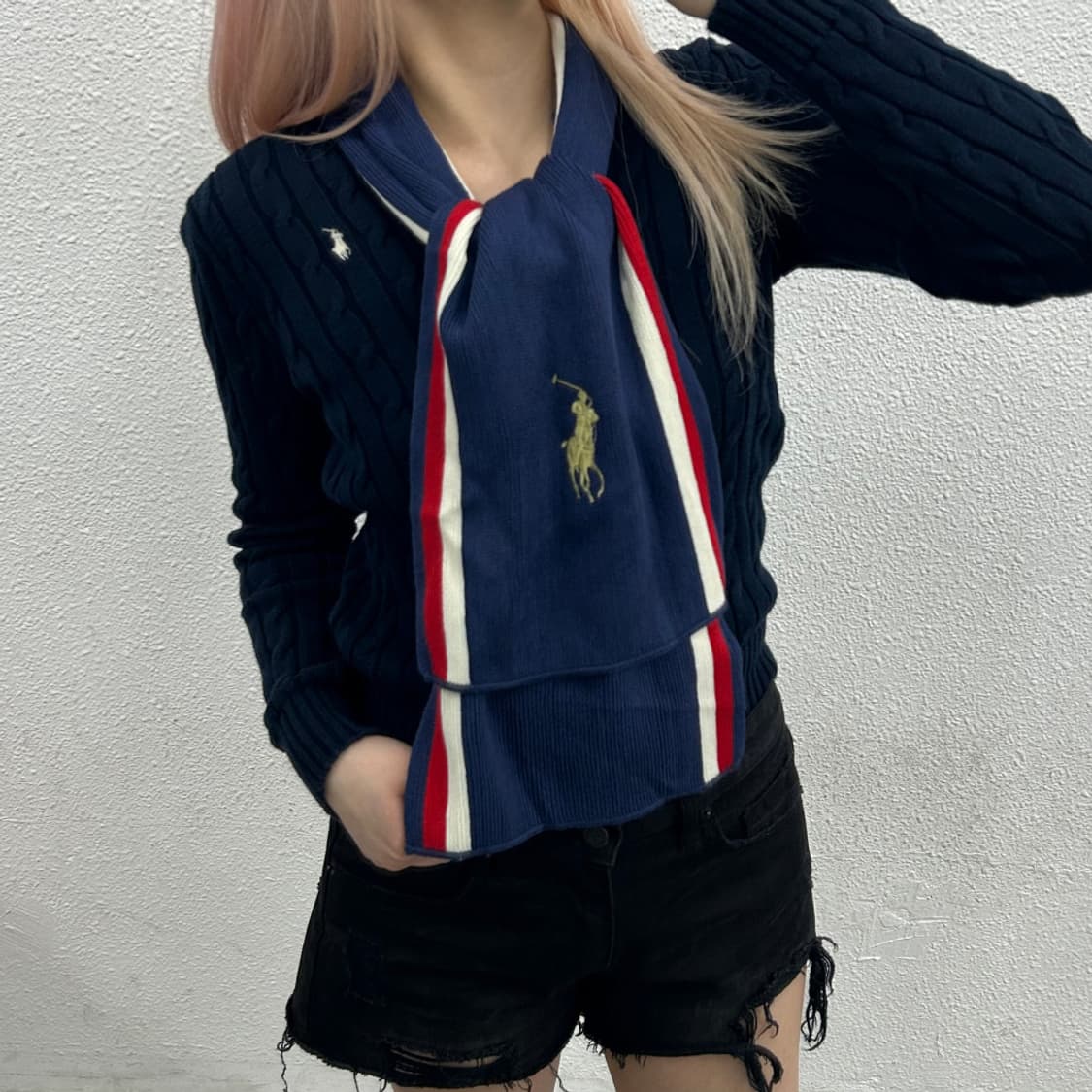 폴로 랄프로렌 빅포니 배색 네이비 니트 머플러 상품이미지1
