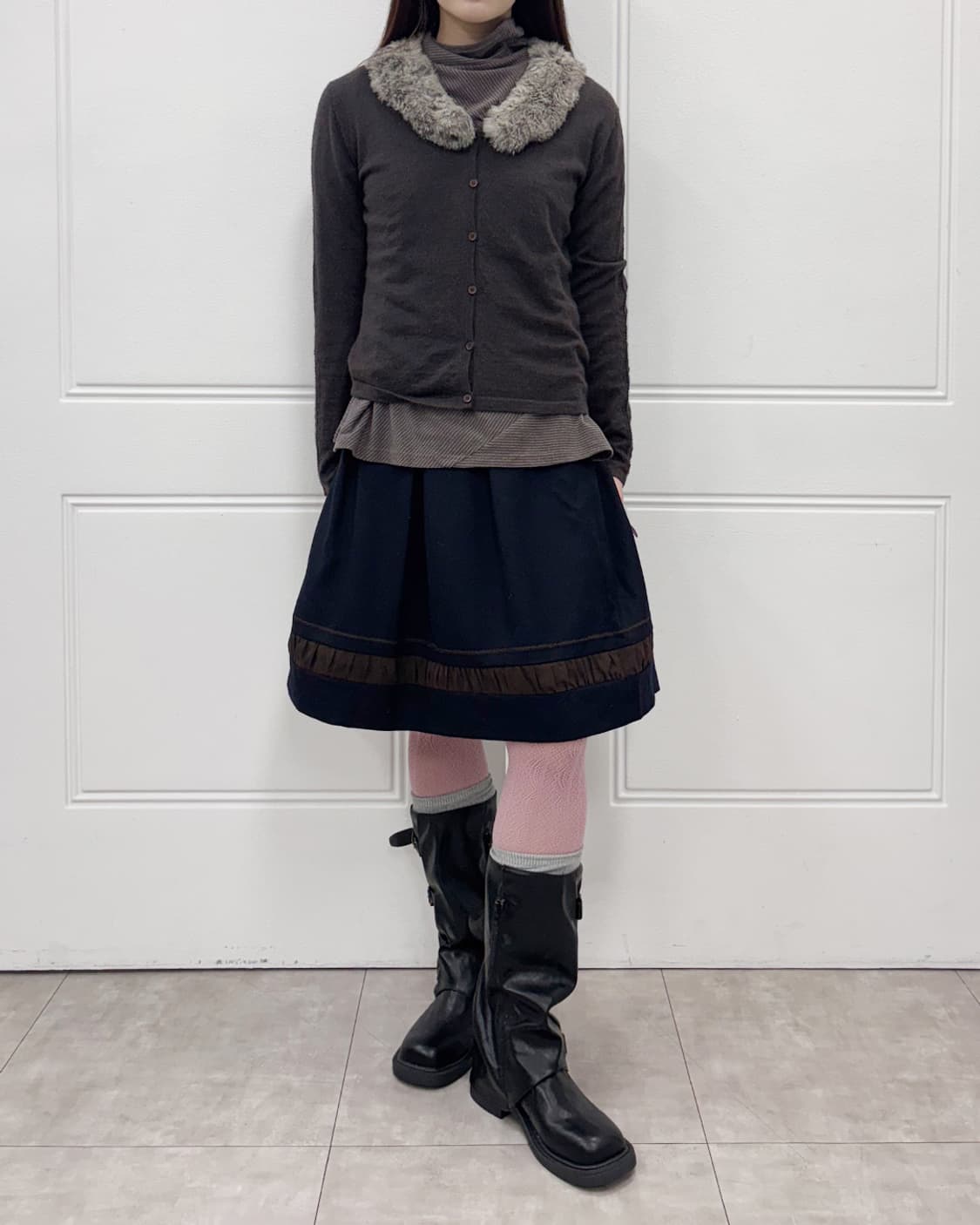 ANNE KLEIN rabbit fur collar 베이직 초코 가디건 상품이미지5