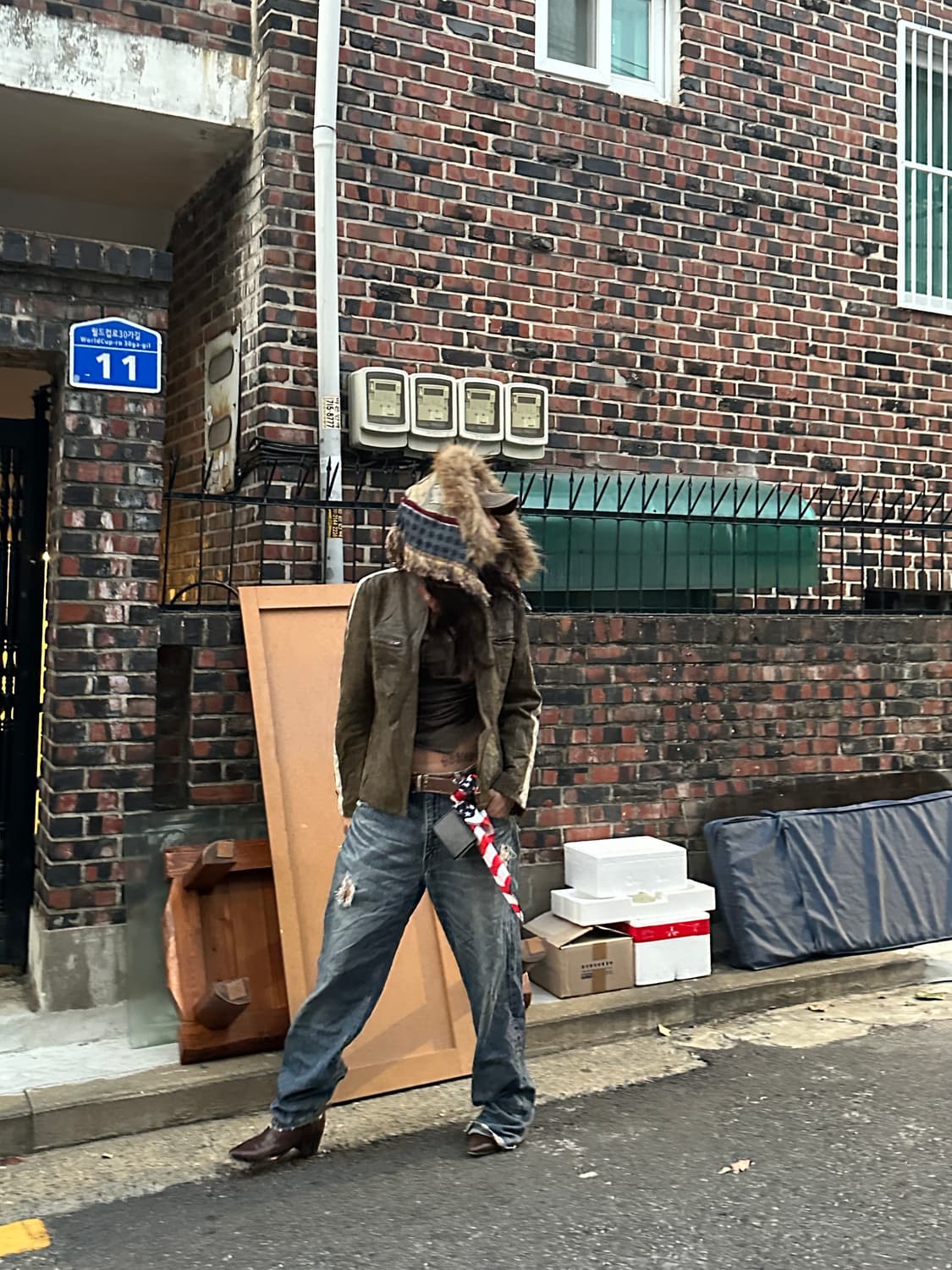 빈티지 퍼 프린지 블랭킷 스카프 모자 상품이미지2