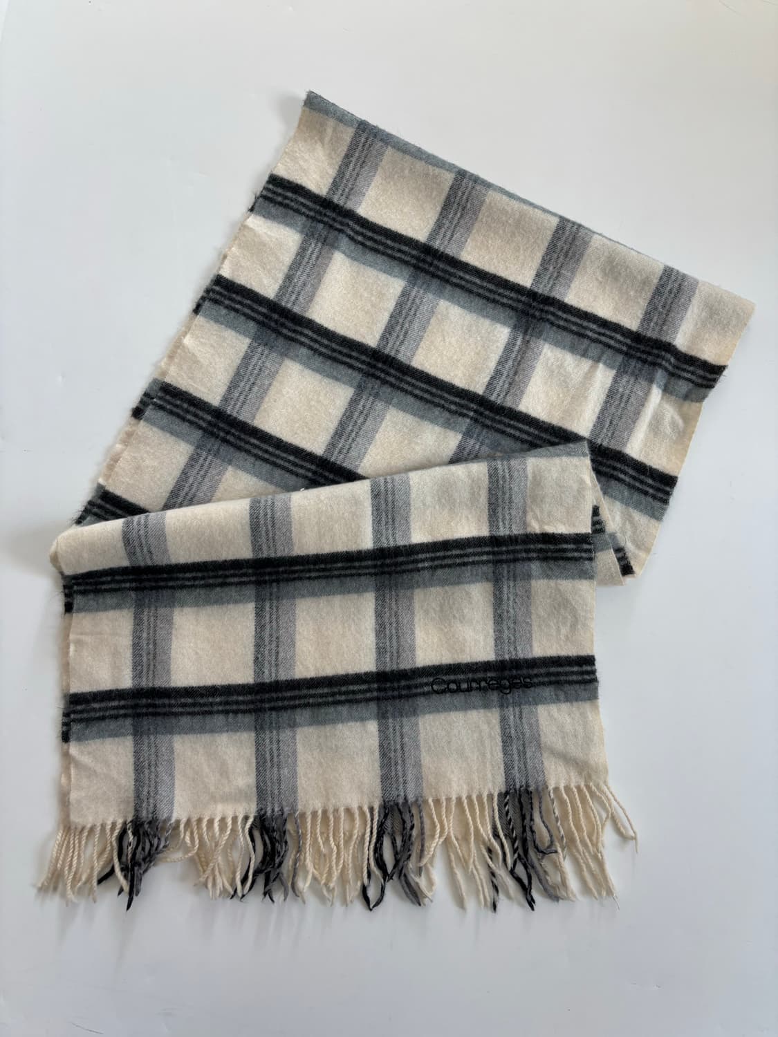 Courreges 꾸레쥬 아이보리-블루 체크 머플러  상품이미지5