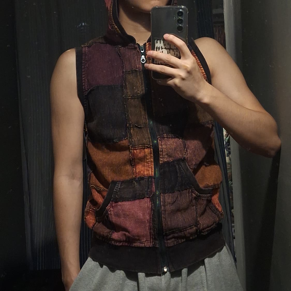 빈티지 버건디톤 패치워크 네팔 후드조끼 베스트 캐주얼자켓 WOMANS M 상품이미지2