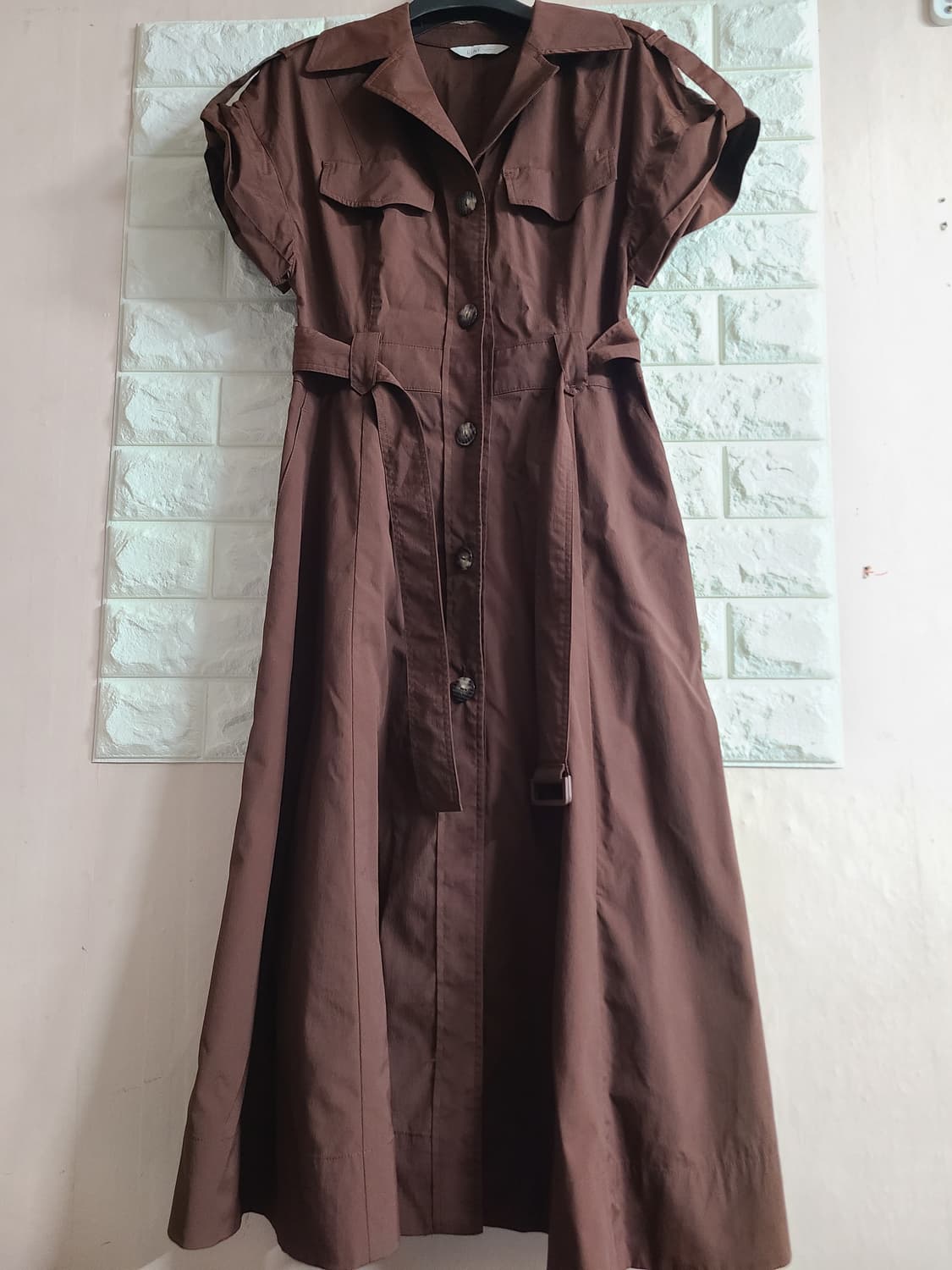 라인 브라운 반팔 셔츠형 원피스(55) 상품이미지1