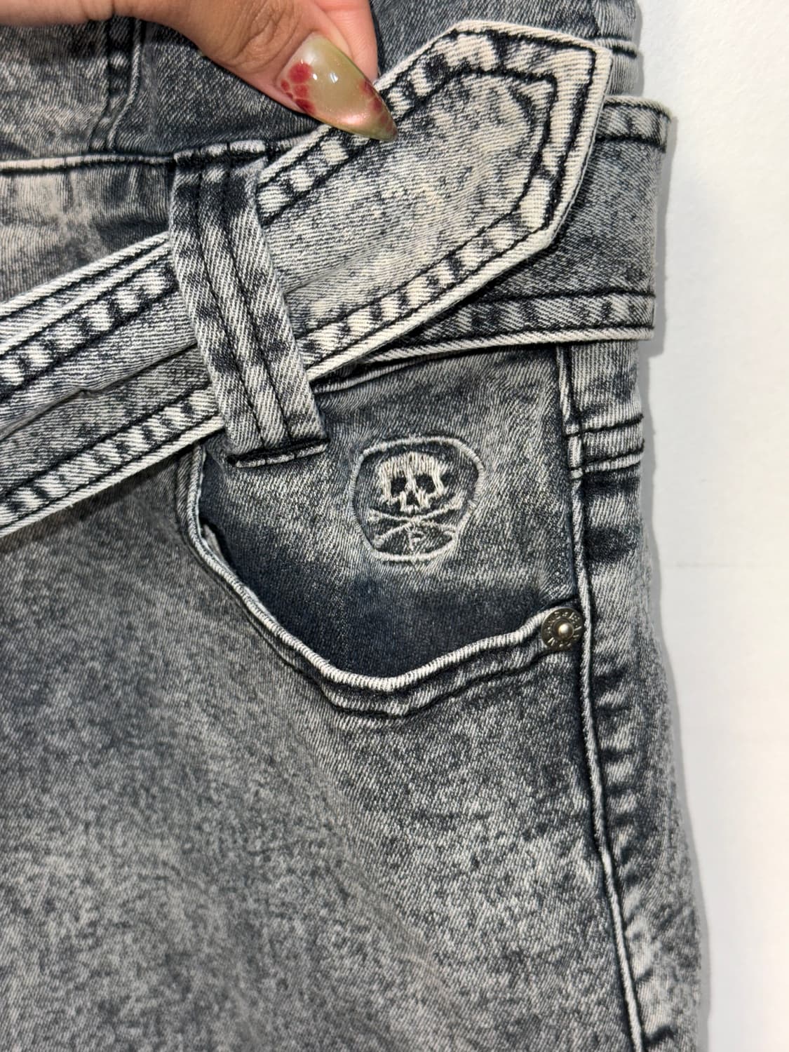 Washing black denim pocket belted ops 상품이미지4