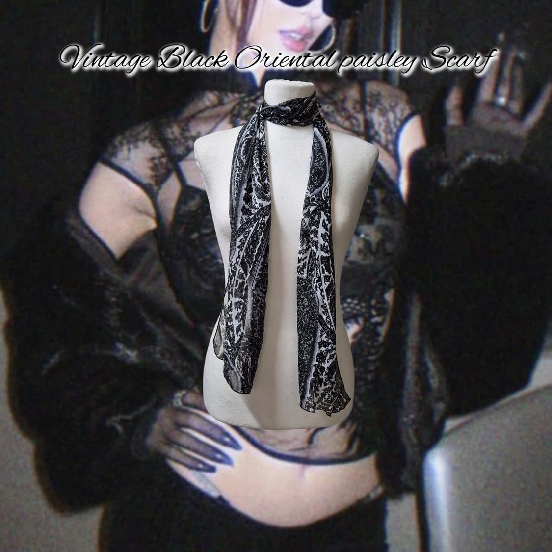 Vintage Black Oriental paisley Scarf 상품이미지1