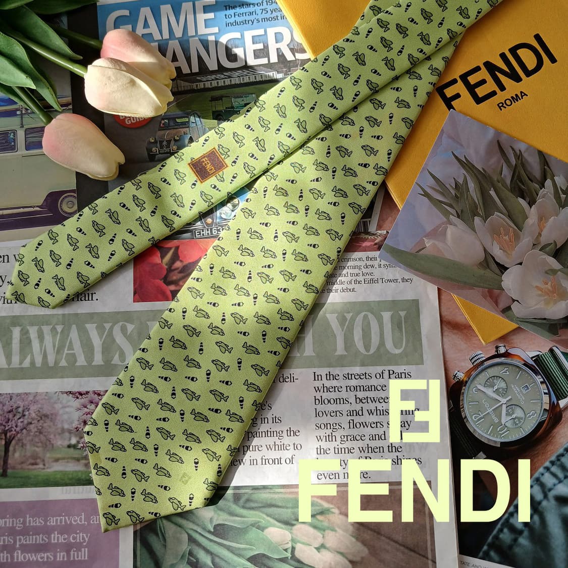 펜디 실크 그린 비행기 패턴 슬림 넥타이 7.8cm B등급 A19597
 상품이미지1