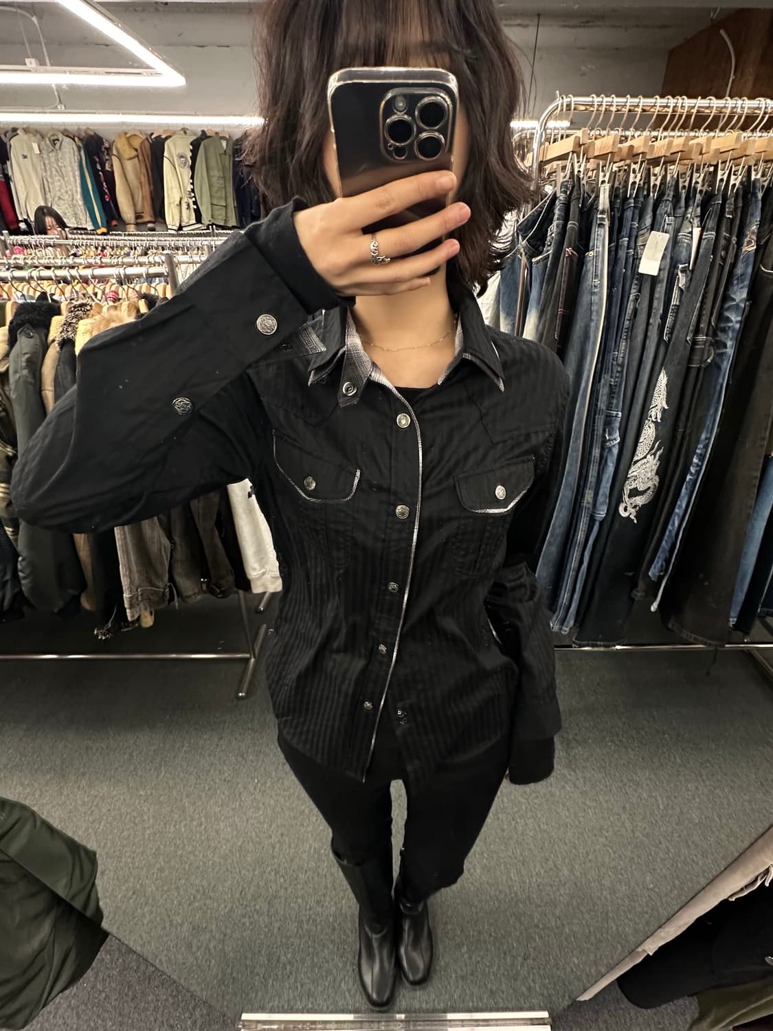 M)Skkone 빈티지 블랙 스트라이프 웨스턴 셔츠 상품이미지2