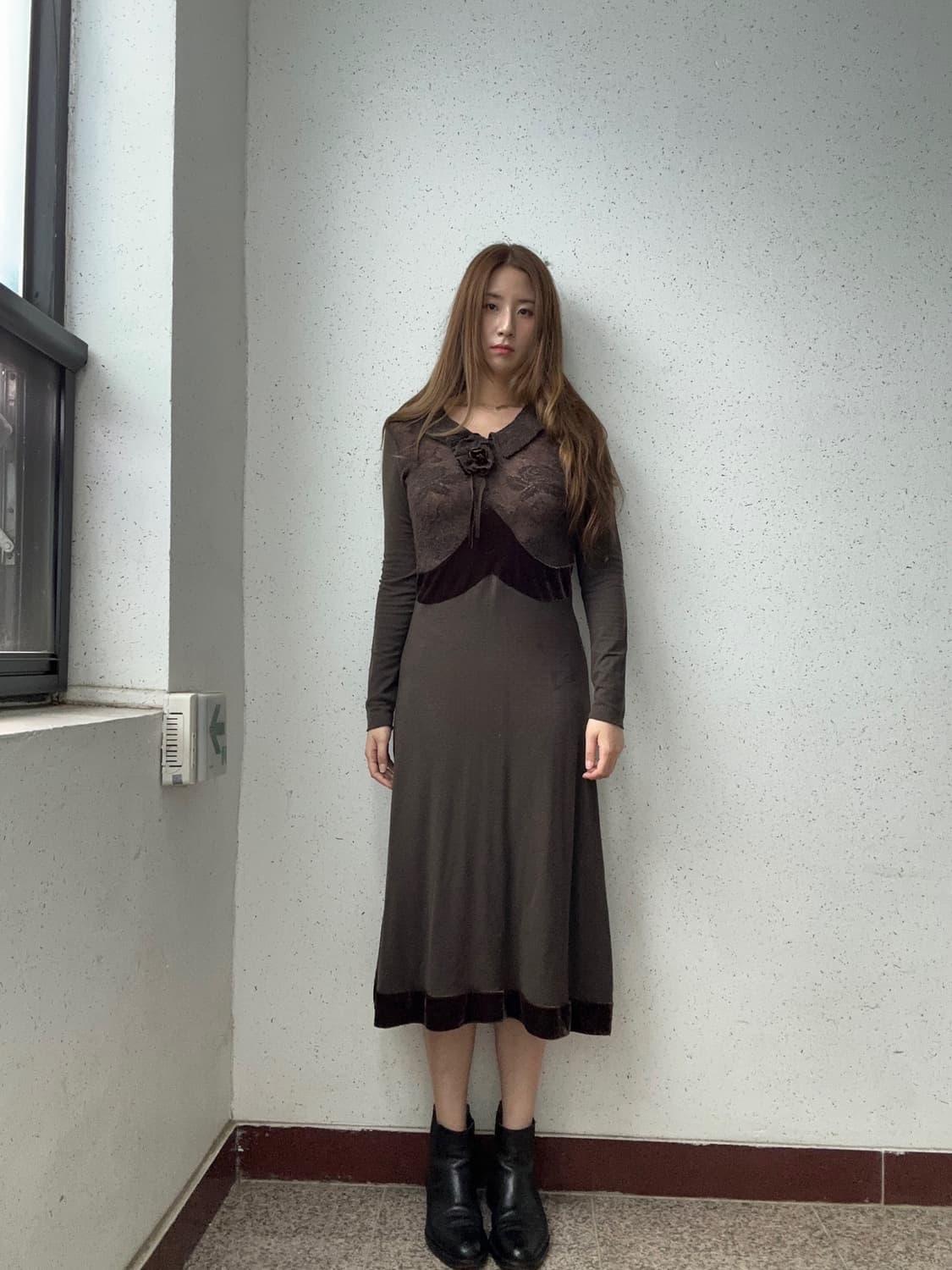 이태리 브라운 로즈 장미 울 벨벳 롱 원피스 상품이미지2