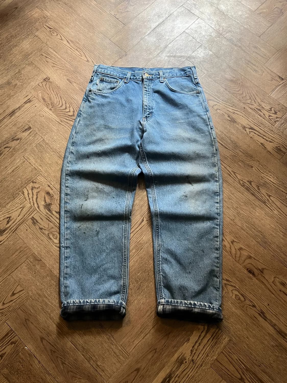 [34]칼하트 USA 체크 라이닝 빈티지 워싱 데님 팬츠 상품이미지1