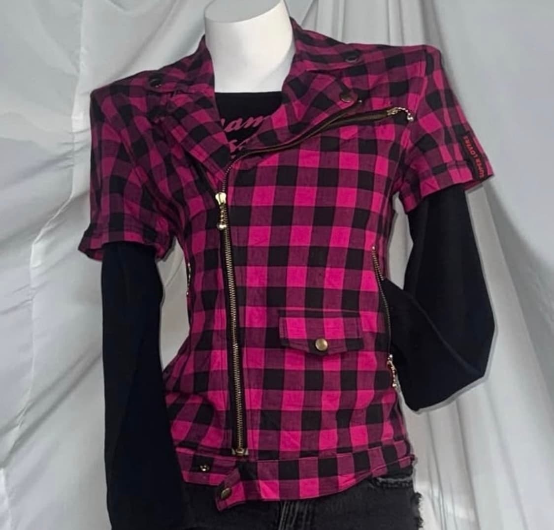 펑크 키치 핑크 블랙 체크 숏재킷 반팔 상품이미지1