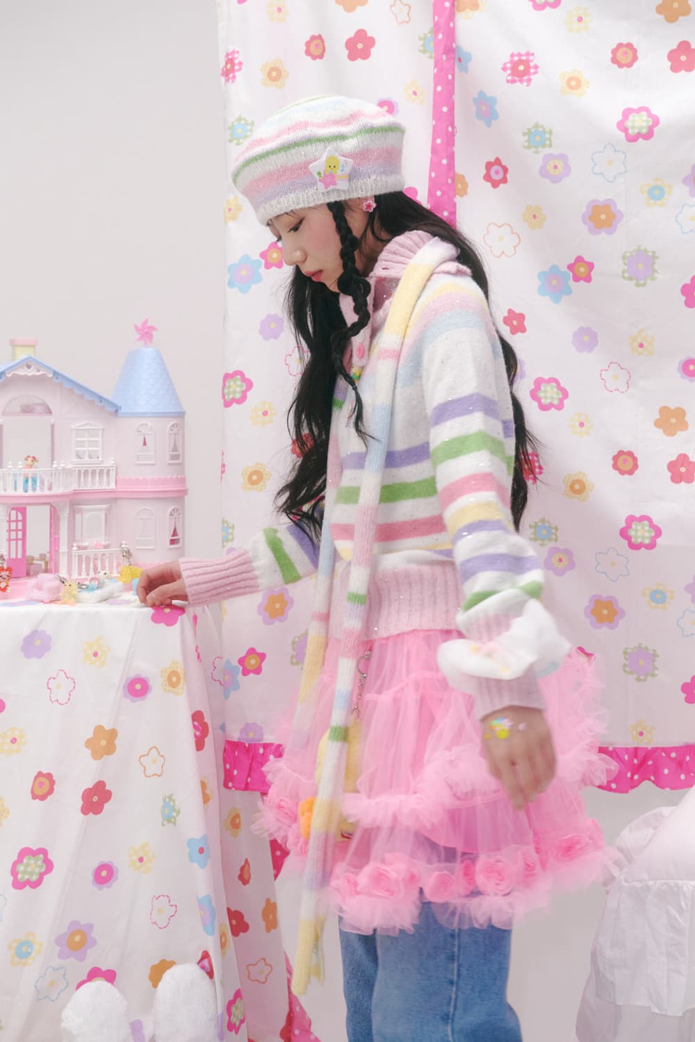 스윙셋 스트라이프 버튼 니트 베레모 (파스텔) 상품이미지6