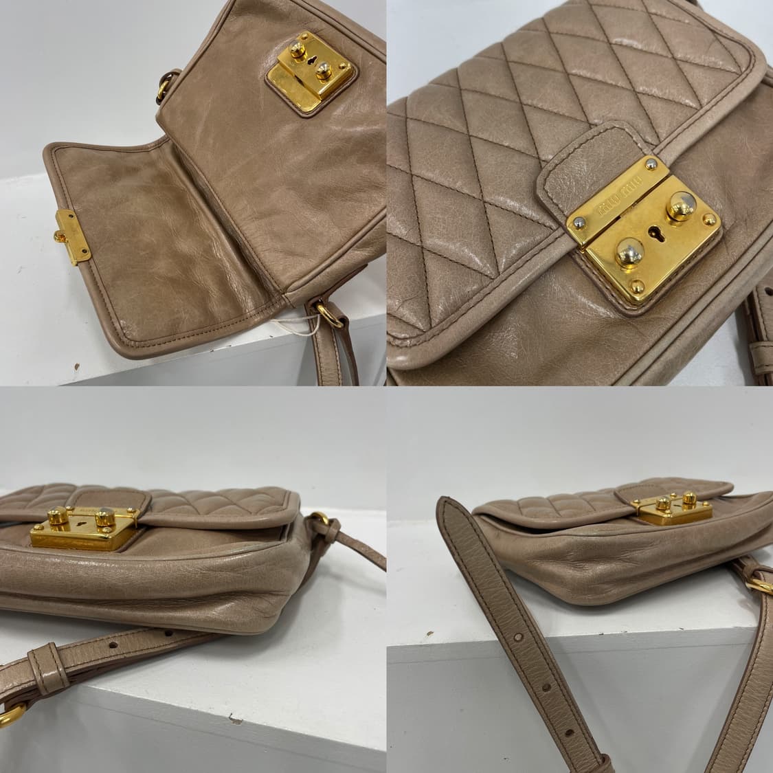 미우미우 퀼팅 비텔로 레더 베이지 클랩 스몰 크로스백 상품이미지9