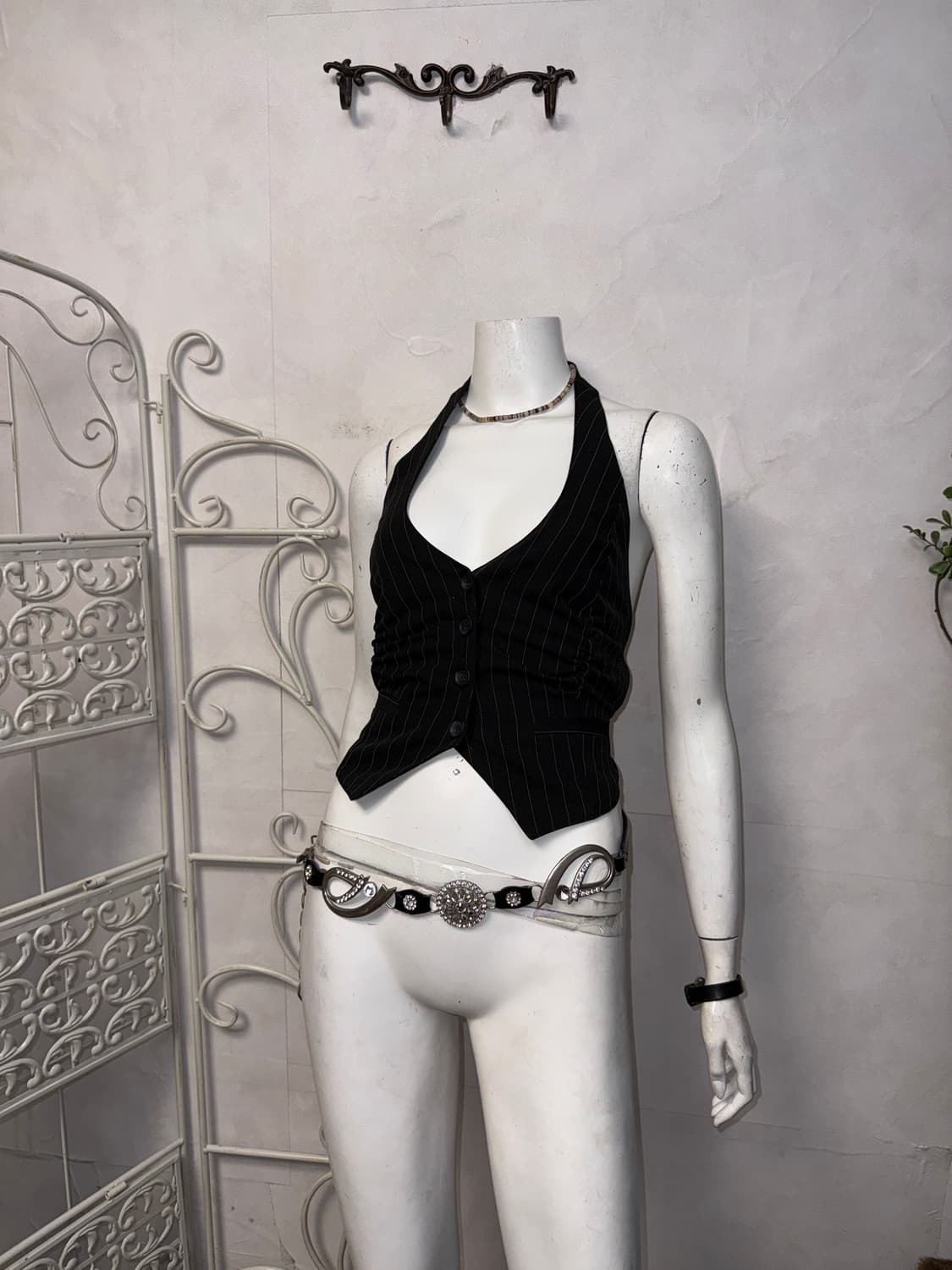 Black backless stripe shirring halter 나시 상품이미지2