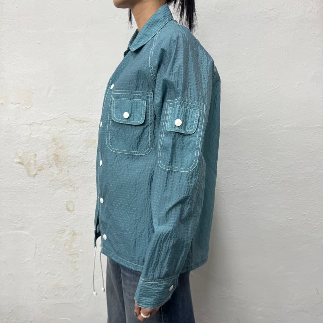 빔즈+(BEAMS+) 민트컬러 입체 패턴 나일론 스포츠 스냅 셔츠 자켓 상품이미지2