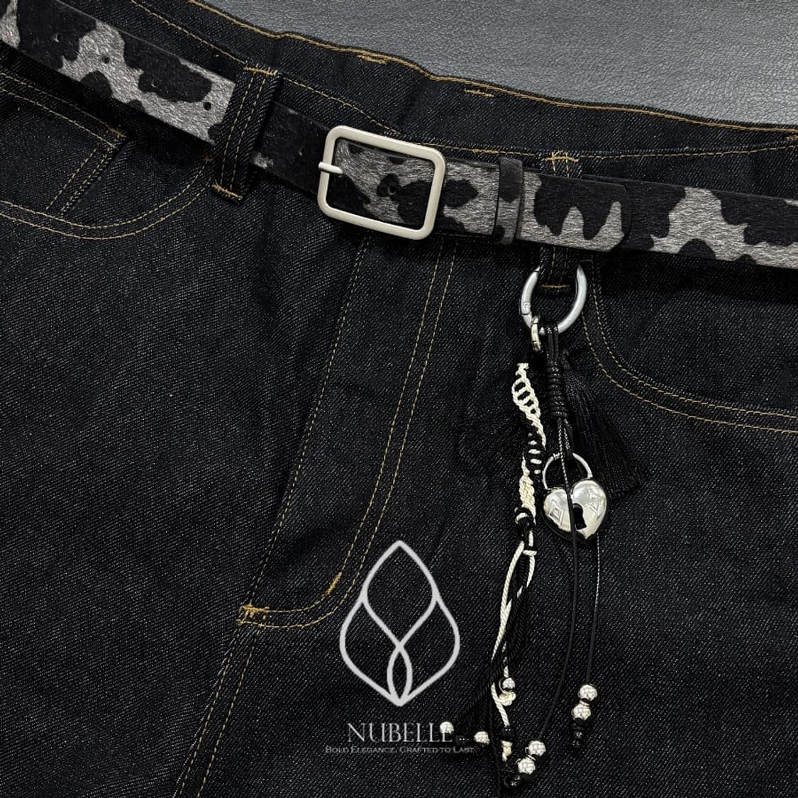 🌗 Cow hair belt / 카우 송치털 호피 벨트 차콜 상품이미지1