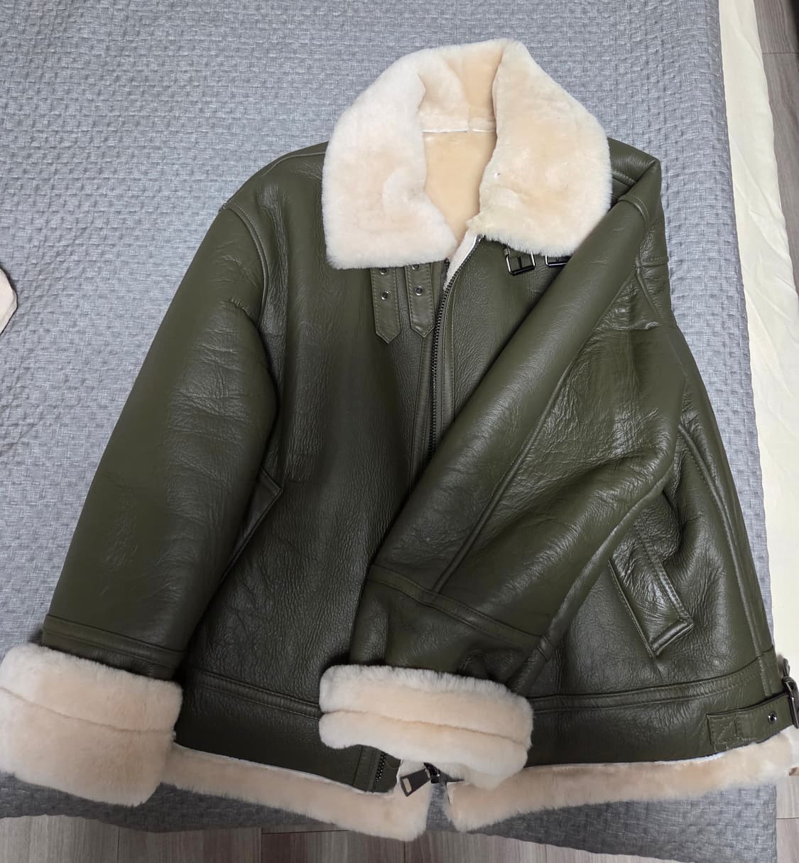 새상품 천연 양모 무스탕 M(66) 카키 상품이미지4