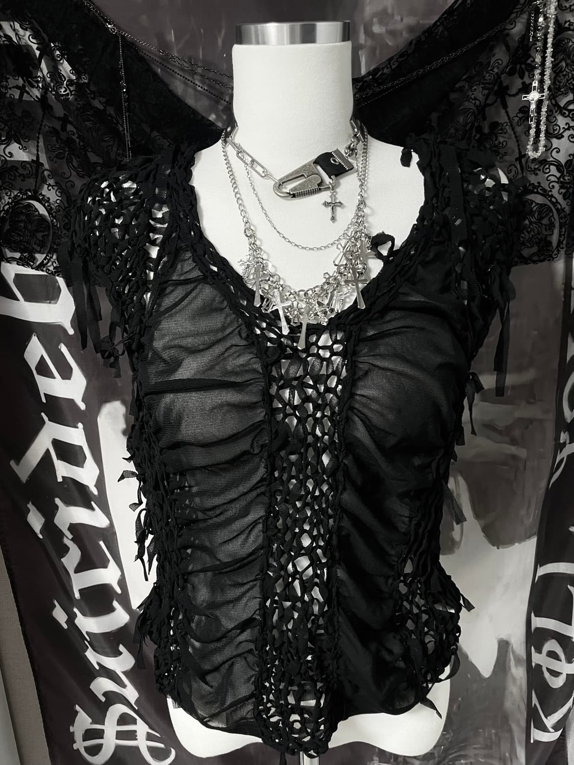 Gothic Vkei 쉬어시스루셔링 그물그런지블라우스탑 아방가르드펑크핀터 상품이미지1