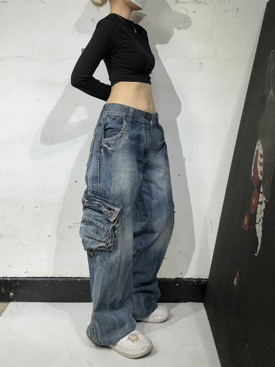 빈티지 진청 대대장 와이드 데님 카고 팬츠 청바지  상품이미지1