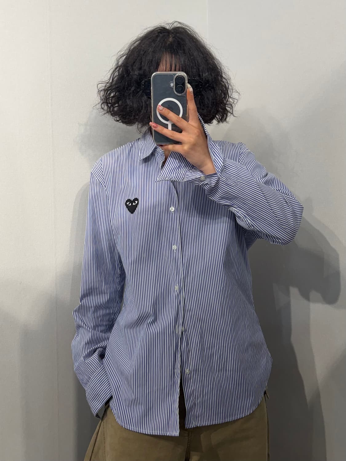 XL 꼼데가르송 스트라이프 블랙 하트 셔츠 블루 상품이미지1