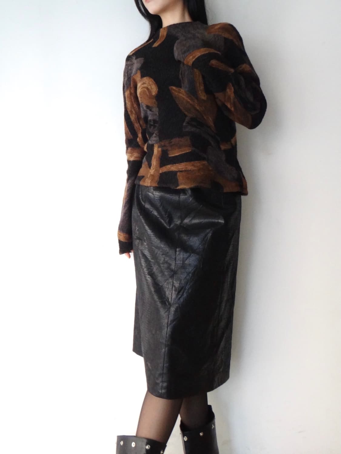 Leaf pattern moc neck knit / brown 상품이미지2