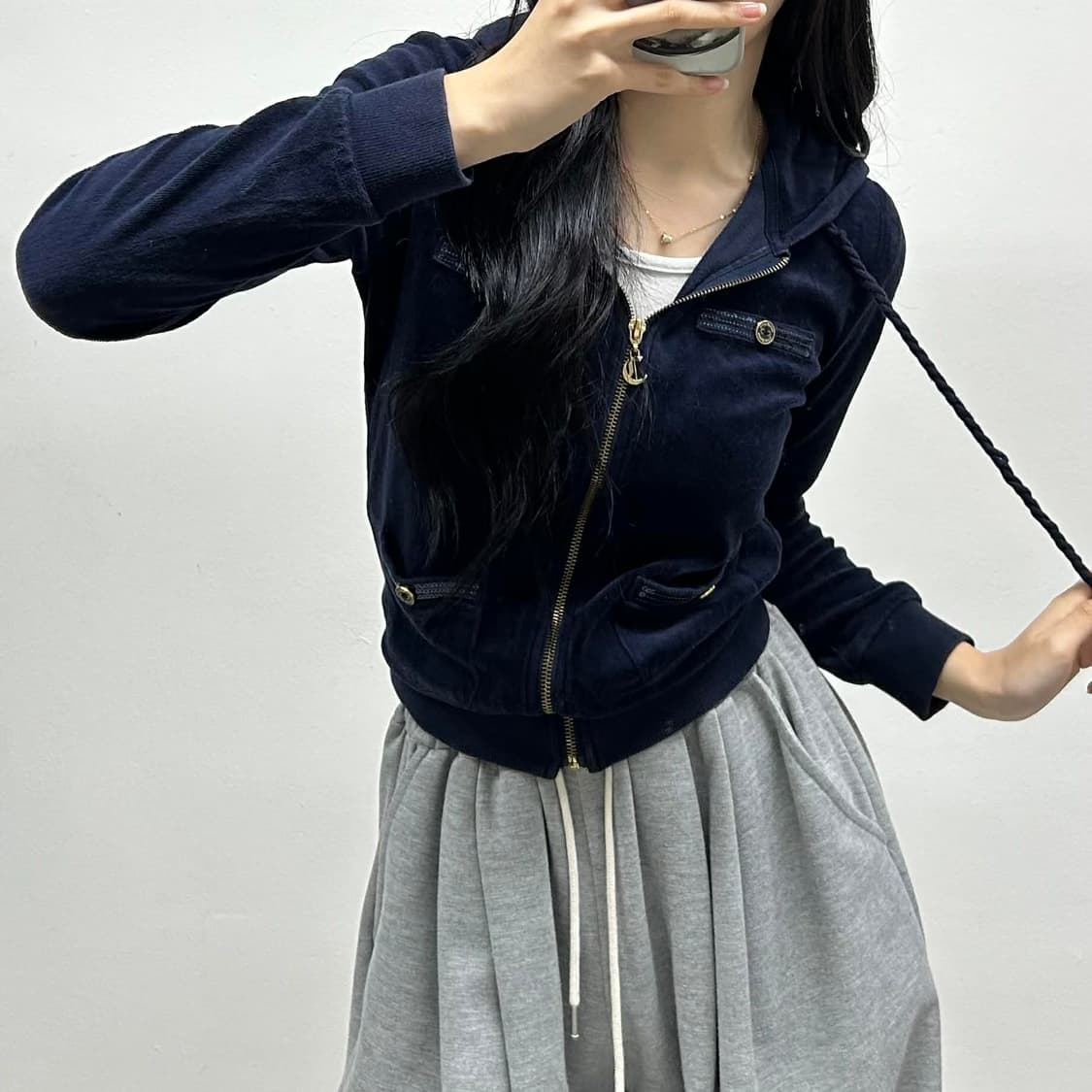 y2k 네이비 벨루어 벨벳 포켓 후드집업 희귀져지(90) 상품이미지2