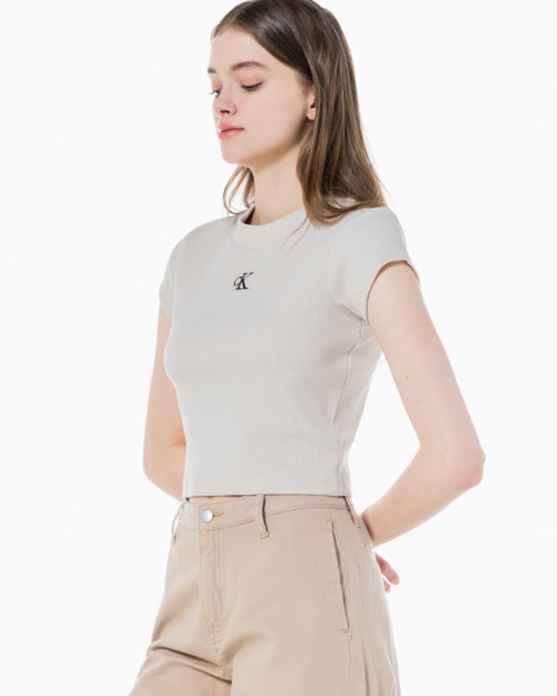 캘빈클라인 진 여성 CK 립 크롭 슬림핏 반팔 티셔츠 아이보리 상품이미지2