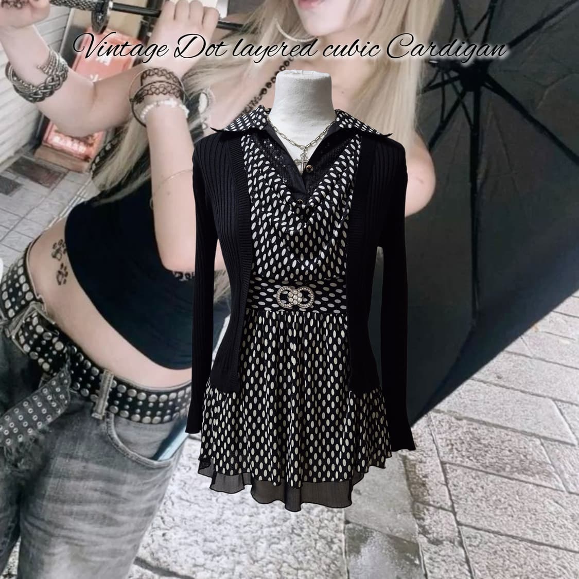 Vintage Dot layered cubic Cardigan 상품이미지1