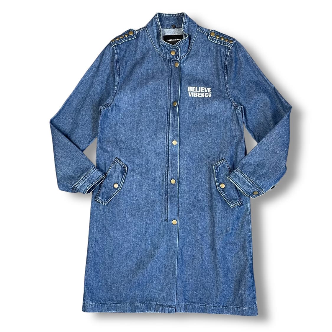 플라스틱 아일랜드 견장 스터드 데님 미디 원피스 S 상품이미지1