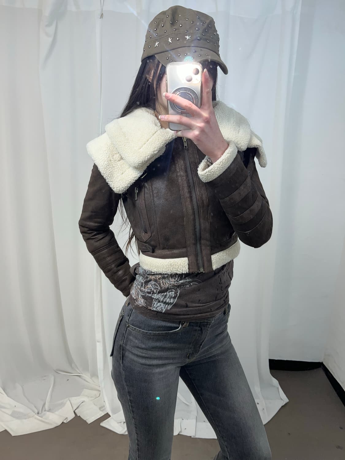 브라운 하이넥 더블카라 크롭 무스탕 상품이미지5